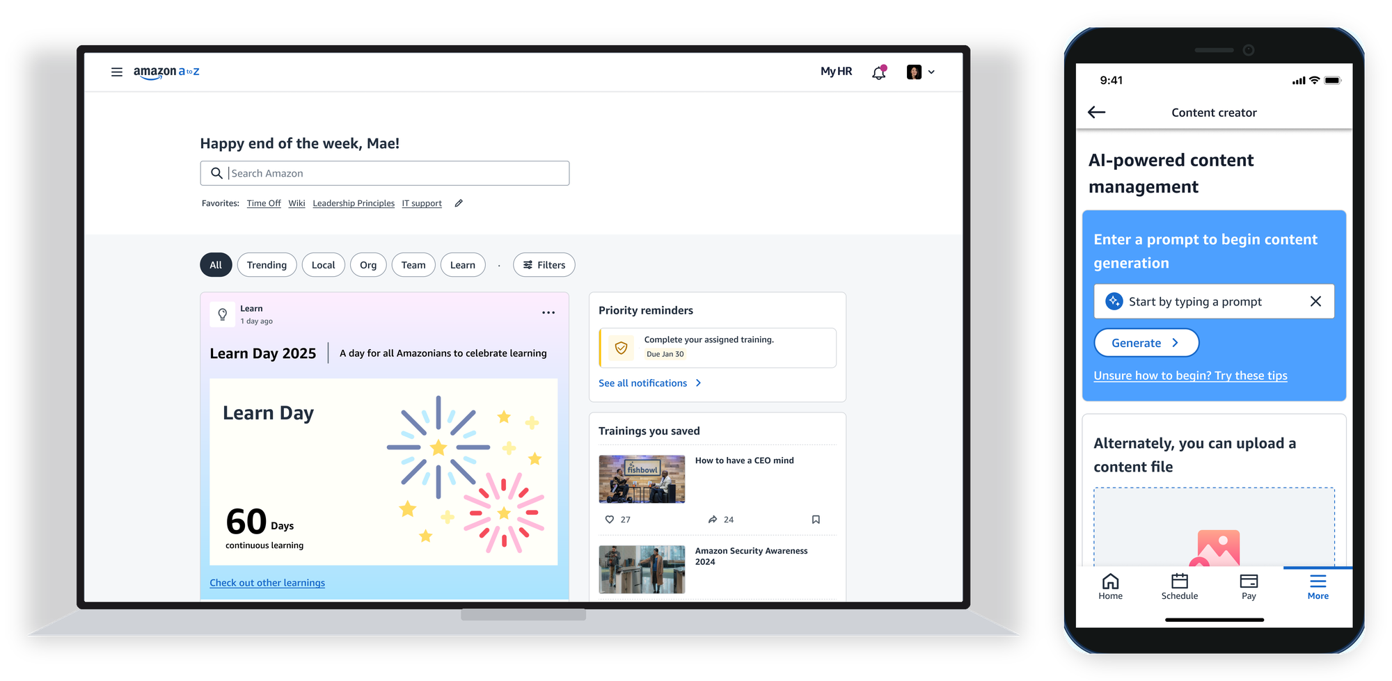 The Amazon Learn experience on a laptop and phone — a personalized learning feed and a mobile content-creation flow.