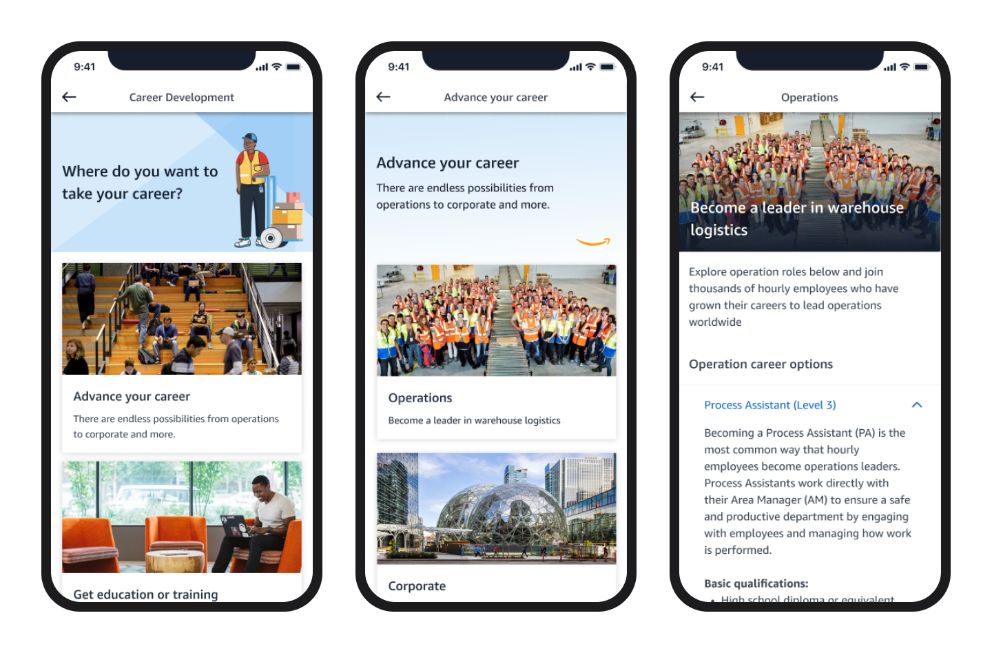 Three phone screens from A to Z Careers — the career hub, Advance your career, and Operations roles.