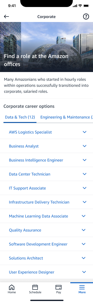 Find a role at Amazon offices — corporate career options.