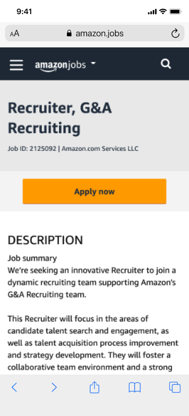 A Recruiter, G&A job detail with an apply button.