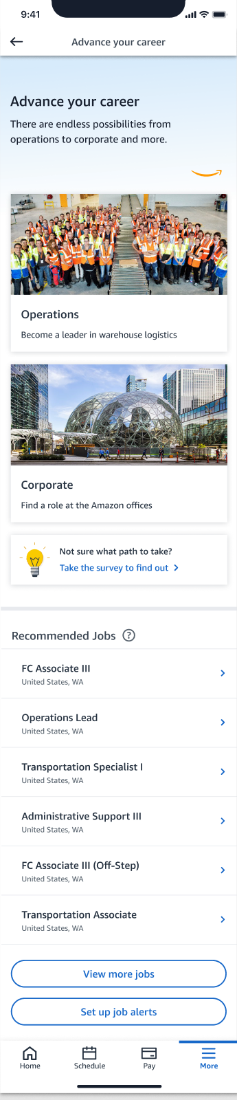 The 'Advance your career' screen with Operations and Corporate options.