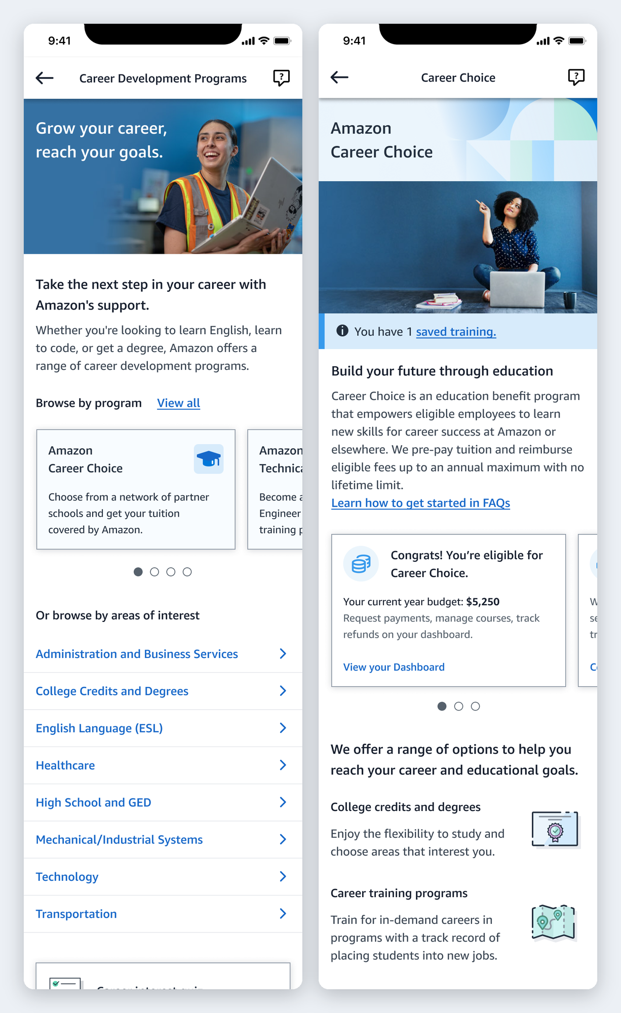 Two phone screens: the career-development landing offering browse-by-interest, and the Career Choice program landing.