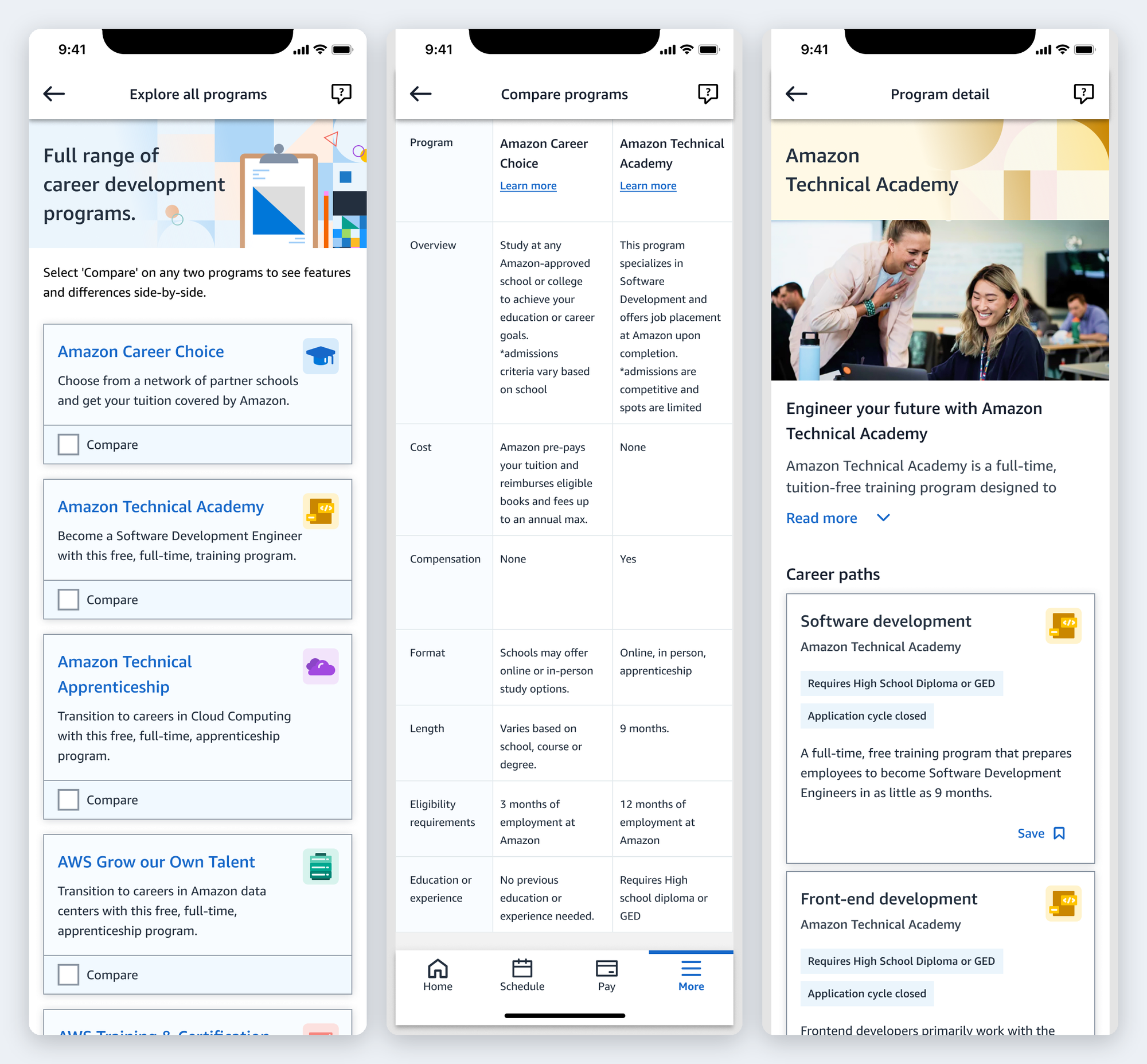 Three phone screens: the full program catalog, a side-by-side comparison of two programs, and a program detail page with its career paths.