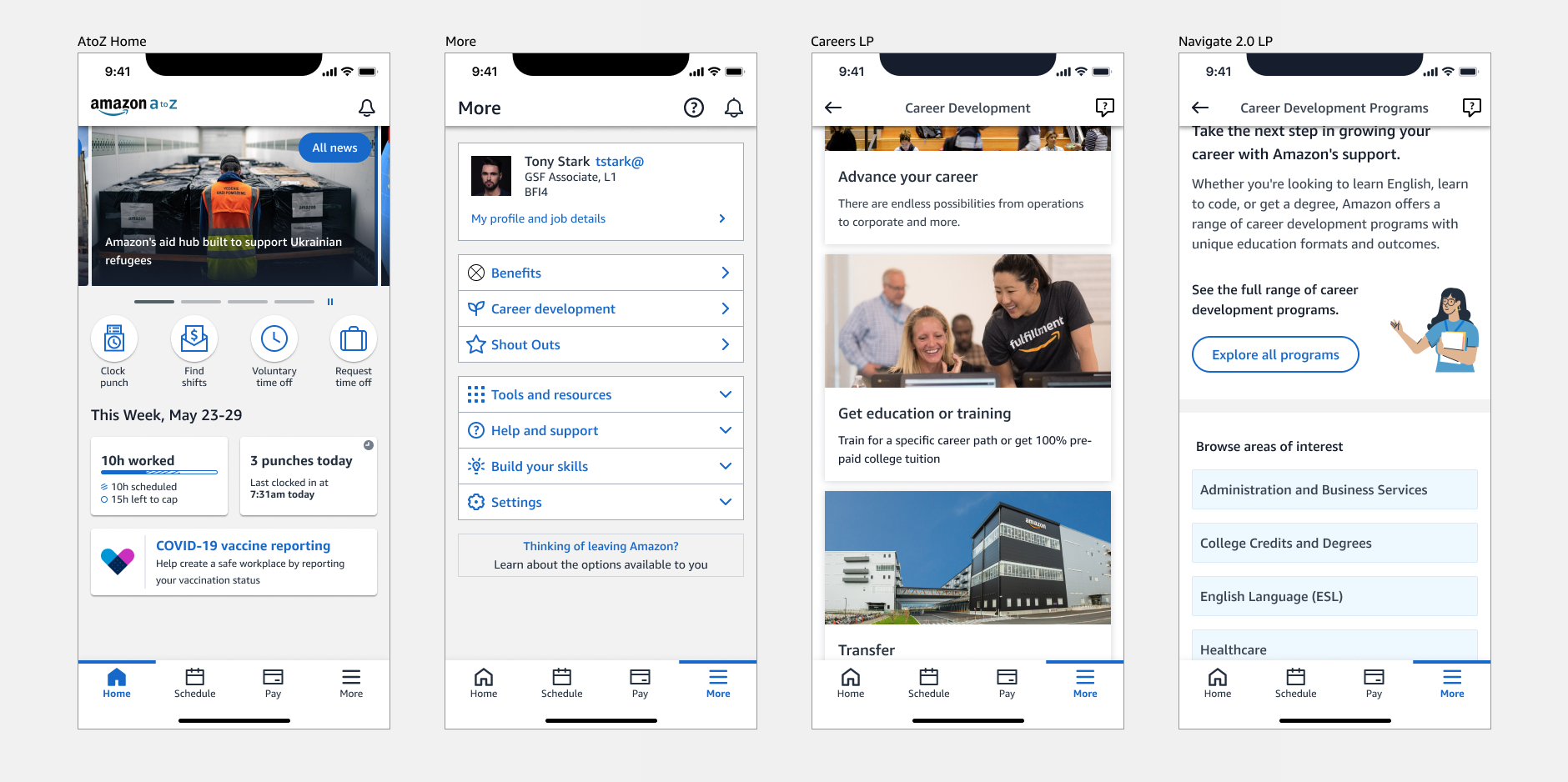 Four phone screens showing the path from the AtoZ home, to More, to the Careers landing page, to the career-development programs page.
