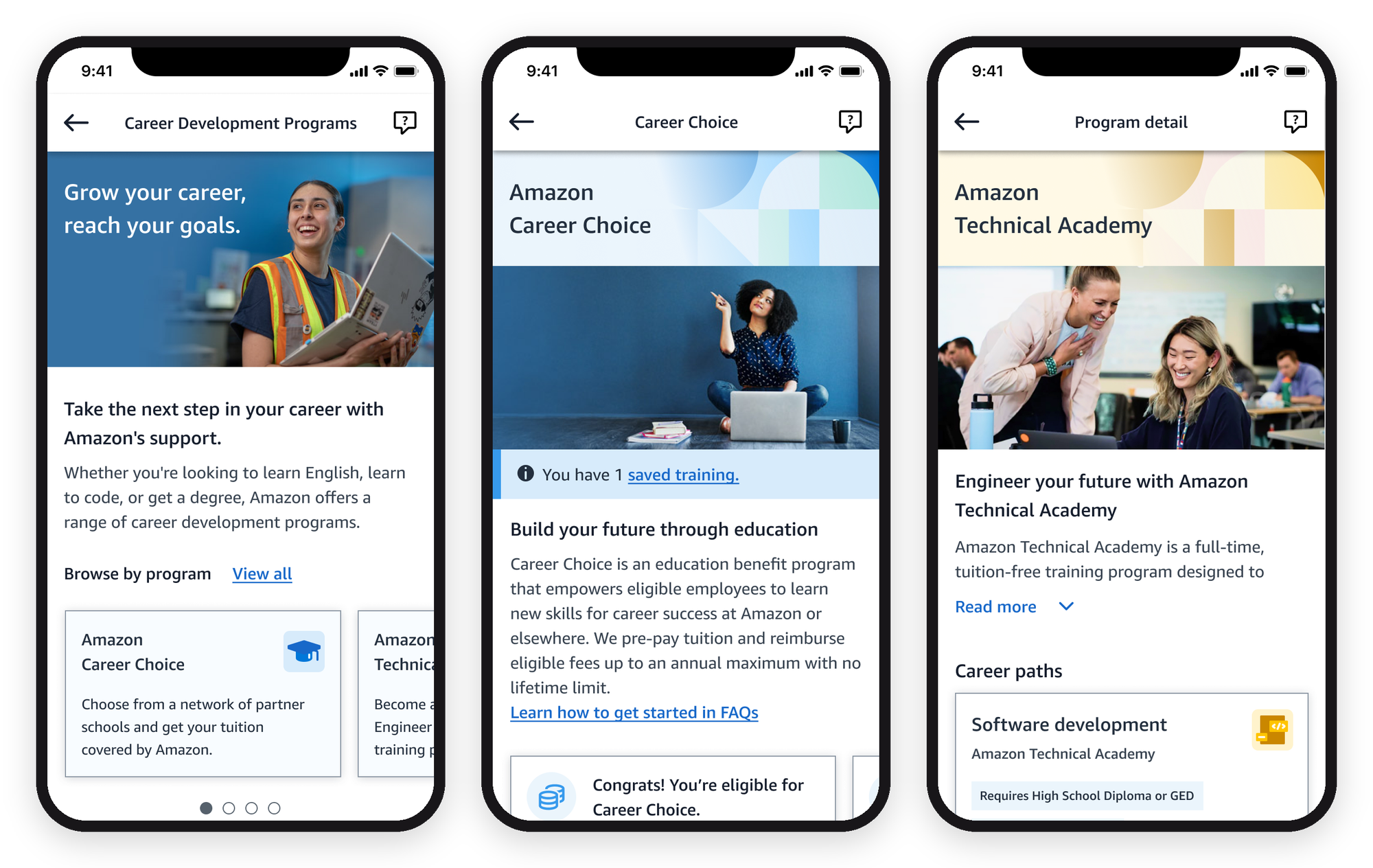 Three mobile screens from the career-development app — the landing page, the Career Choice program, and a program detail.