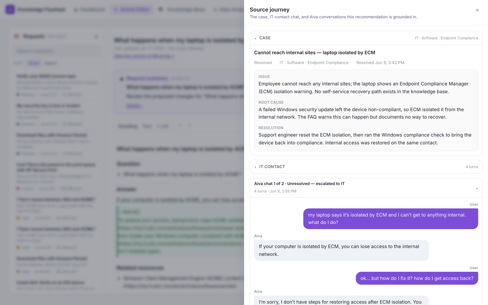 The Source journey drawer showing the originating support case, the IT-contact chat, and the AI-assistant conversations a recommendation is grounded in.