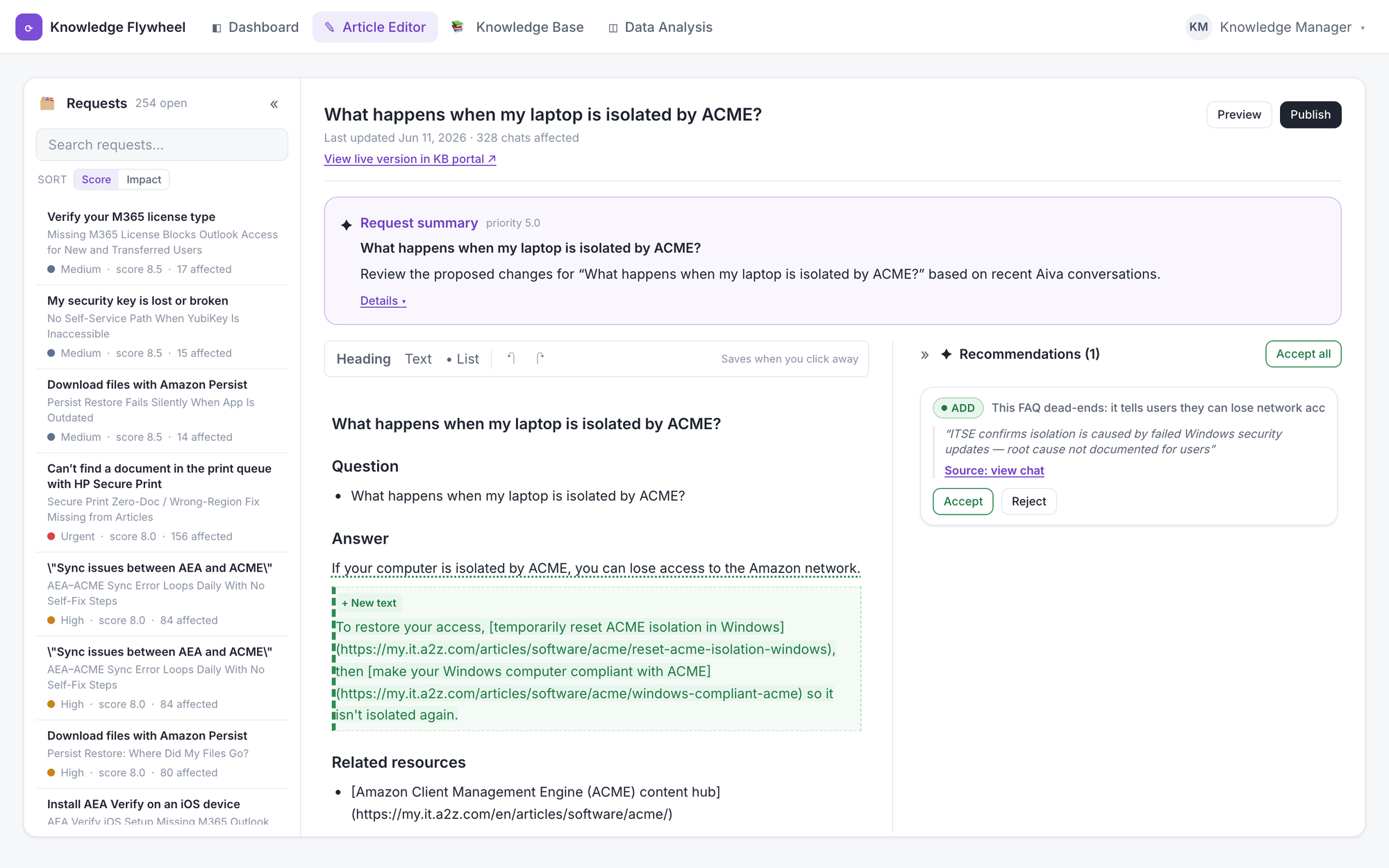 The article editor with proposed changes shown as an inline green diff and an AI recommendations panel with accept and reject actions.
