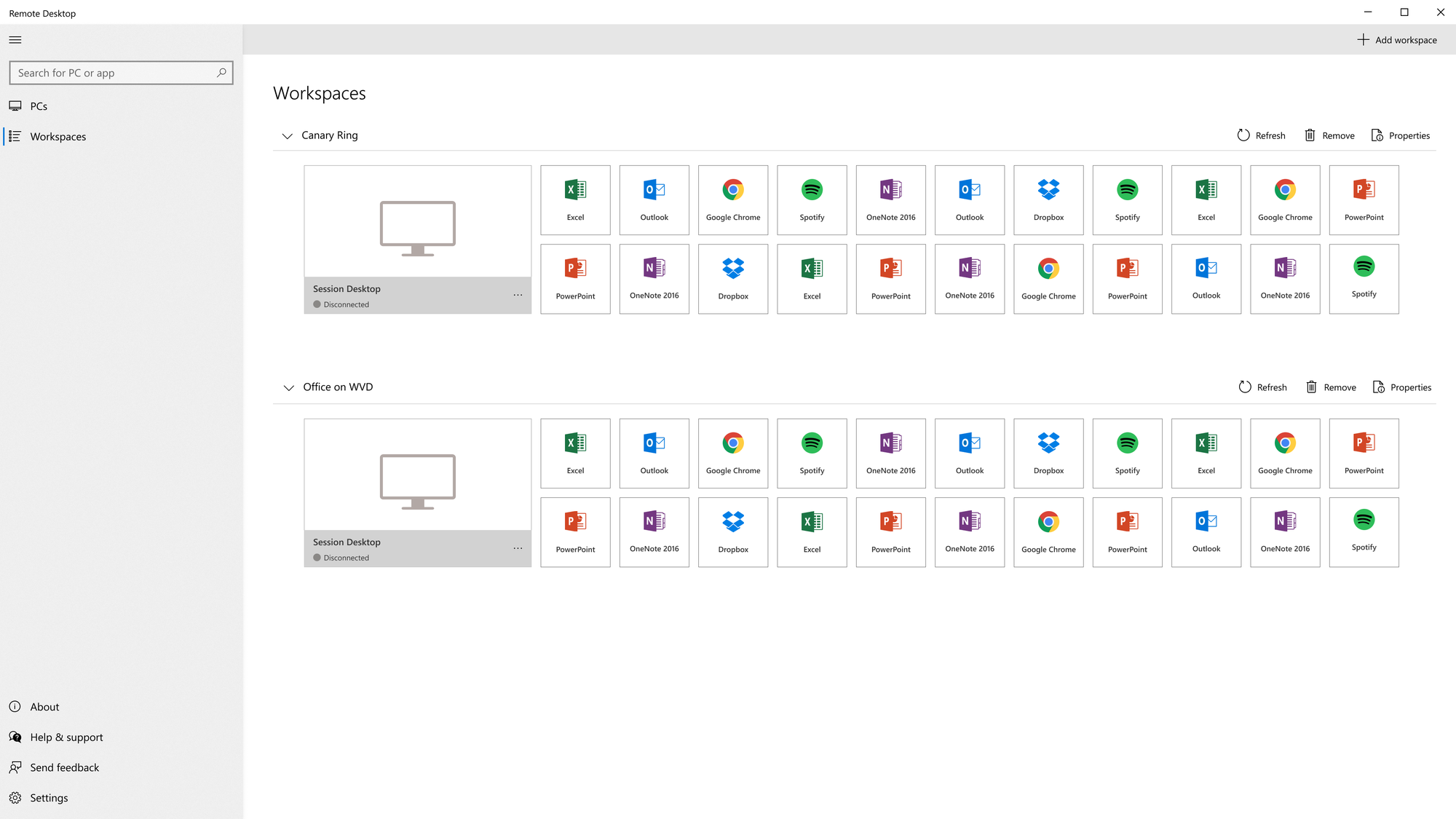 The Microsoft Remote Desktop app showing virtual workspaces and their available apps.