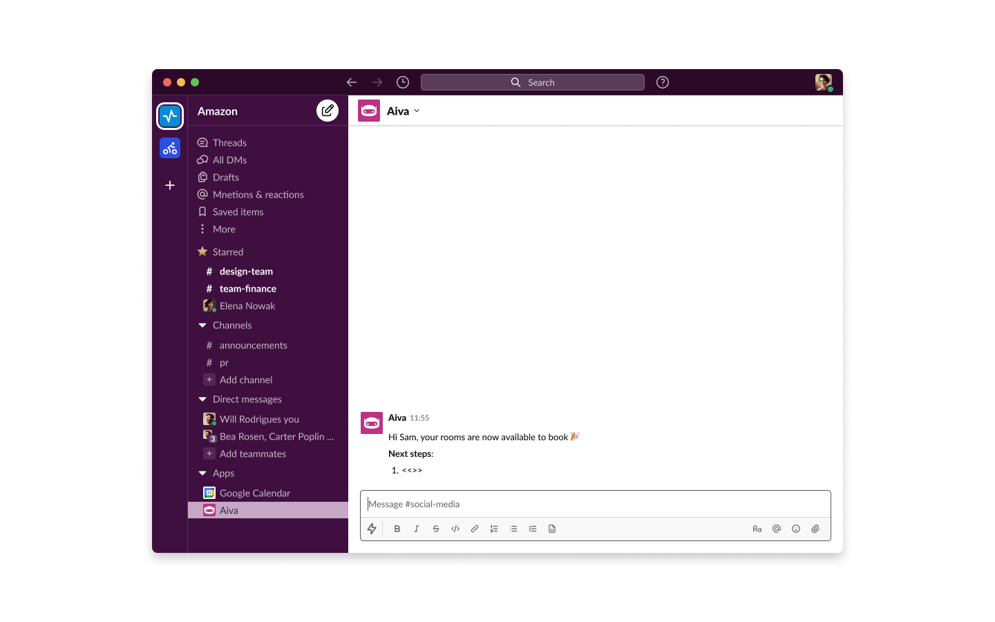 A completion state confirming the rooms are bookable, delivered as a Slack notification.