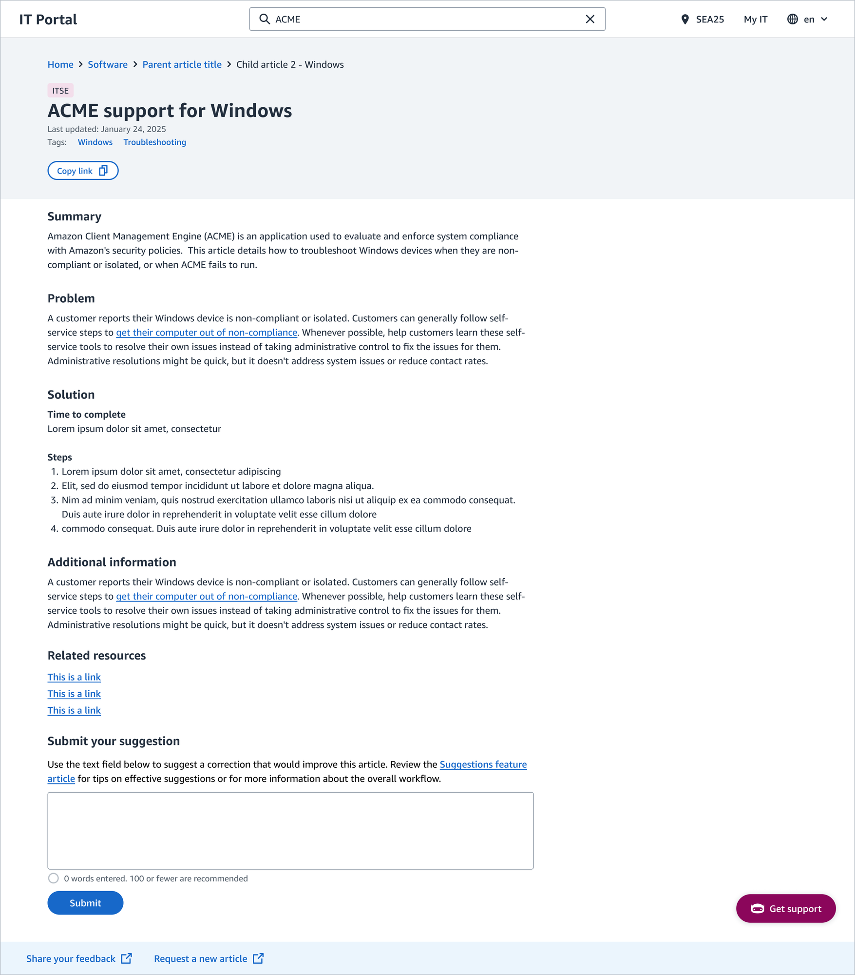An IT support knowledge article with summary, problem, solution steps, related resources, and an inline suggestion field.