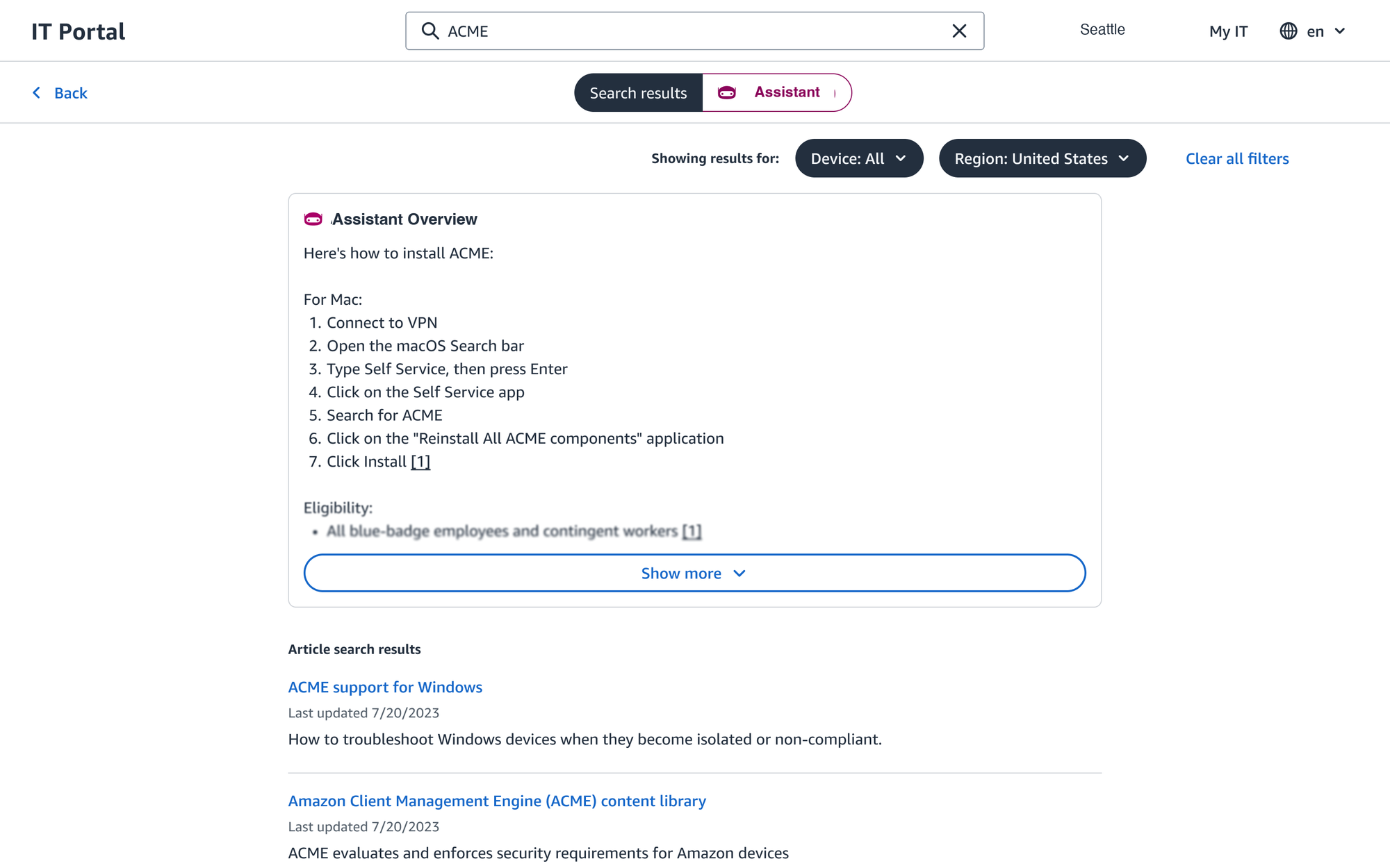 The unified IT portal search — an assistant overview and article results.