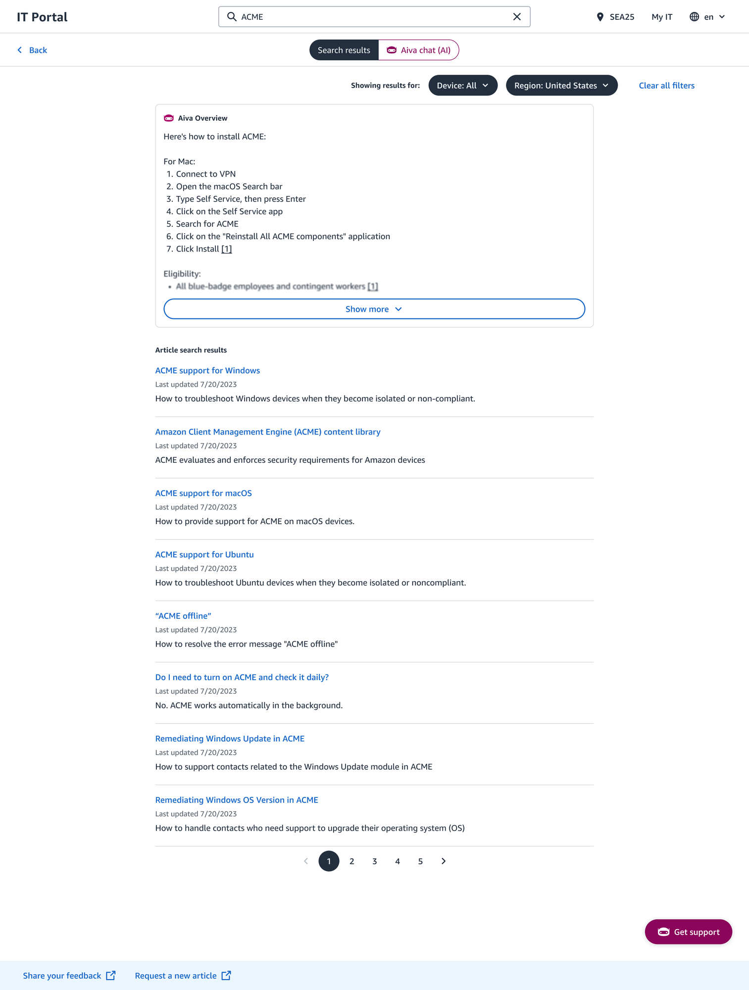 Employee search results for a query, automatically scoped to employee-facing knowledge, with an AI overview at the top.